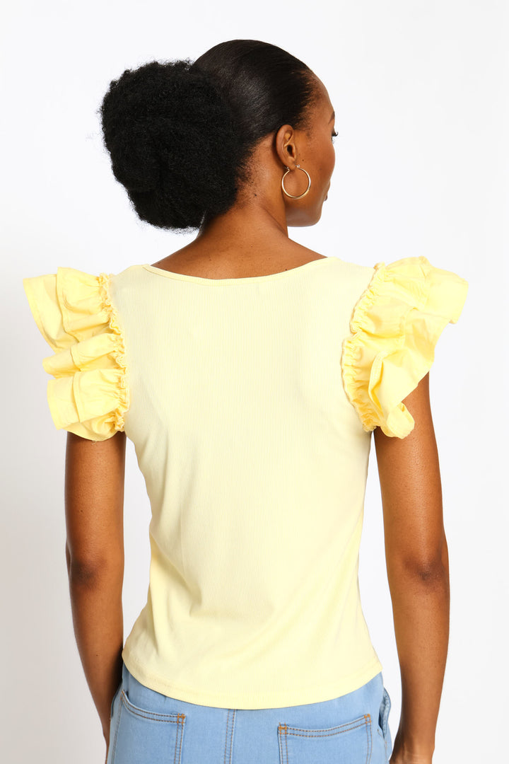 Frill Sleeve Scoop Neck Rib Combo Top - Light Yellow