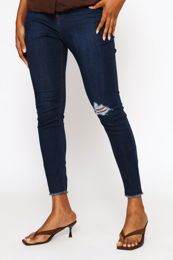 Supersoft Abraised Knee Ankle Grazer Skinny Denim - Dark Wash