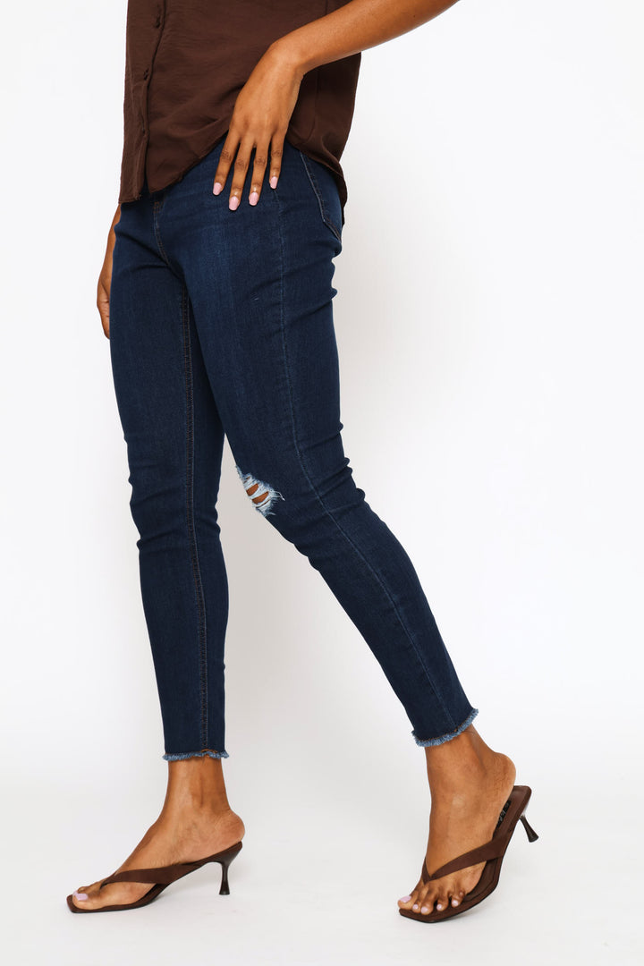 Supersoft Abraised Knee Ankle Grazer Skinny Denim - Dark Wash