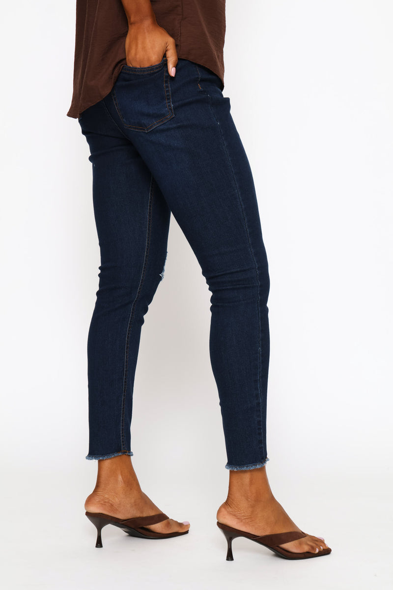 Supersoft Abraised Knee Ankle Grazer Skinny Denim - Dark Wash