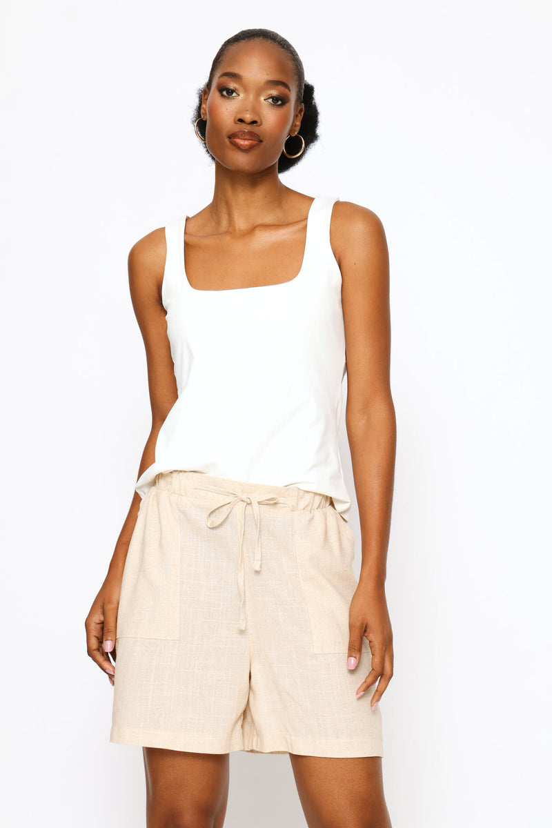 Tie Belt Pull On Linen Mid Thigh Short - Oatmeal Melange