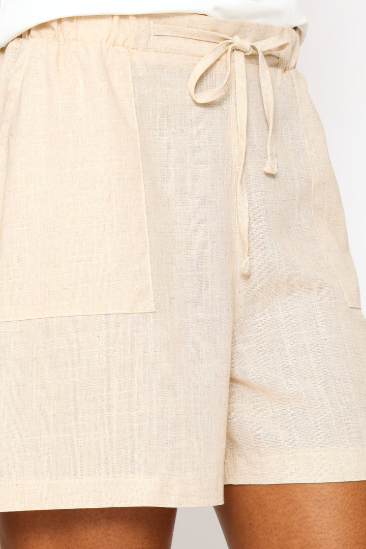 Tie Belt Pull On Linen Mid Thigh Short - Oatmeal Melange