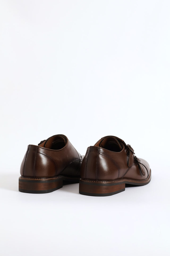 Leather Double Buckle Monk Shoe - Chocolate