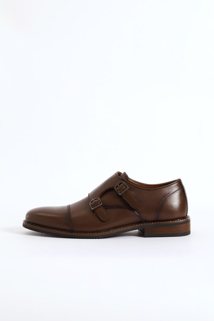 Leather Double Buckle Monk Shoe - Chocolate