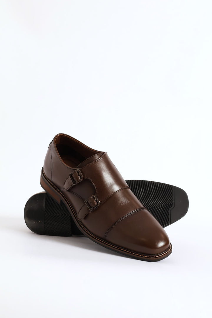 Leather Double Buckle Monk Shoe - Chocolate