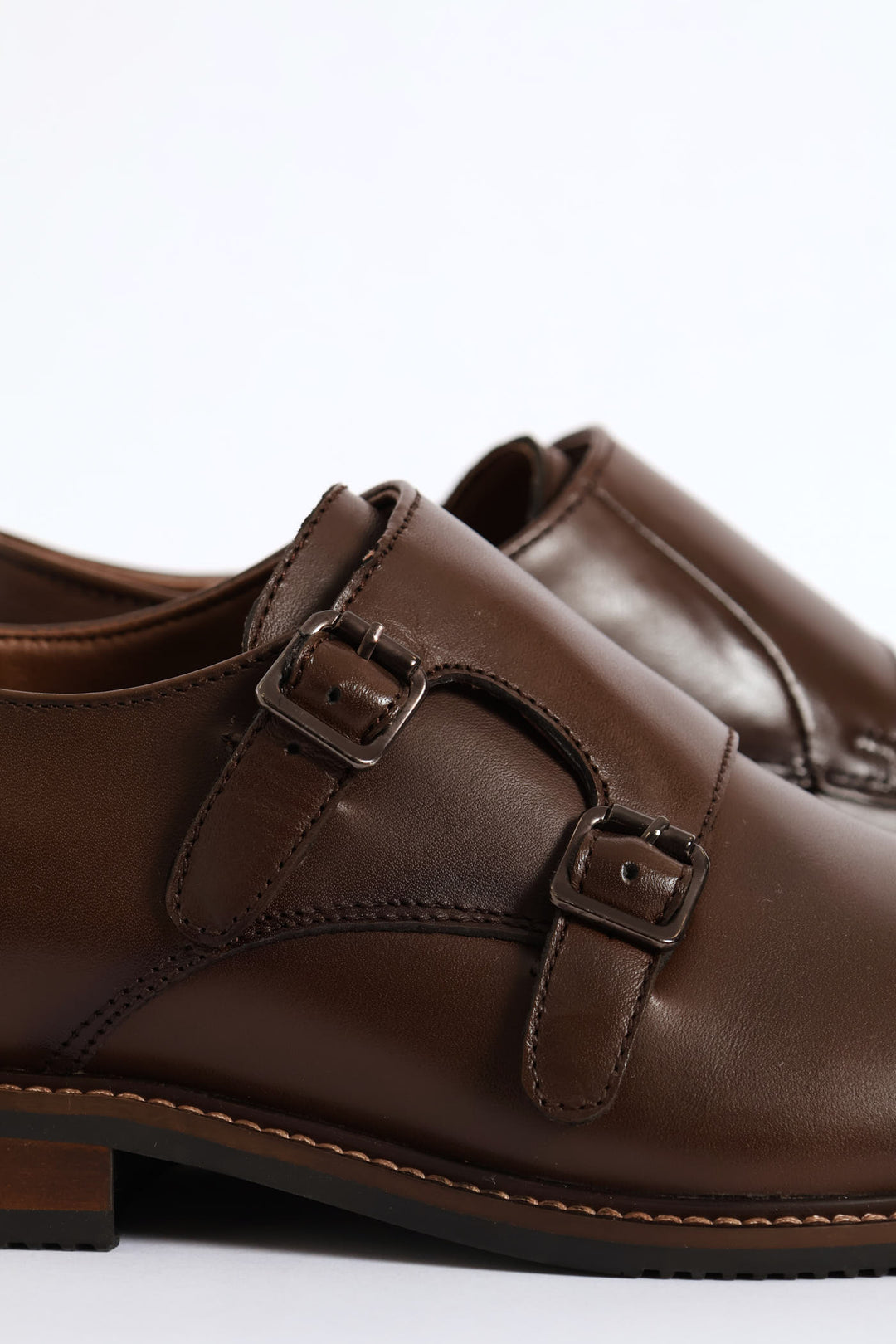 Leather Double Buckle Monk Shoe - Chocolate