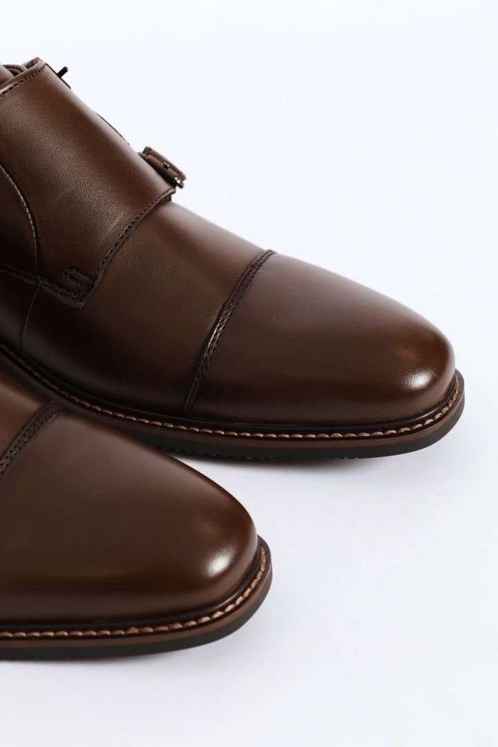 Leather Double Buckle Monk Shoe - Chocolate