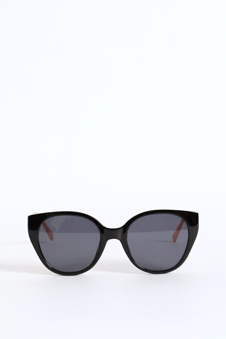 Smoke Lense Rounded Cateye Temple Sunglasses - Black