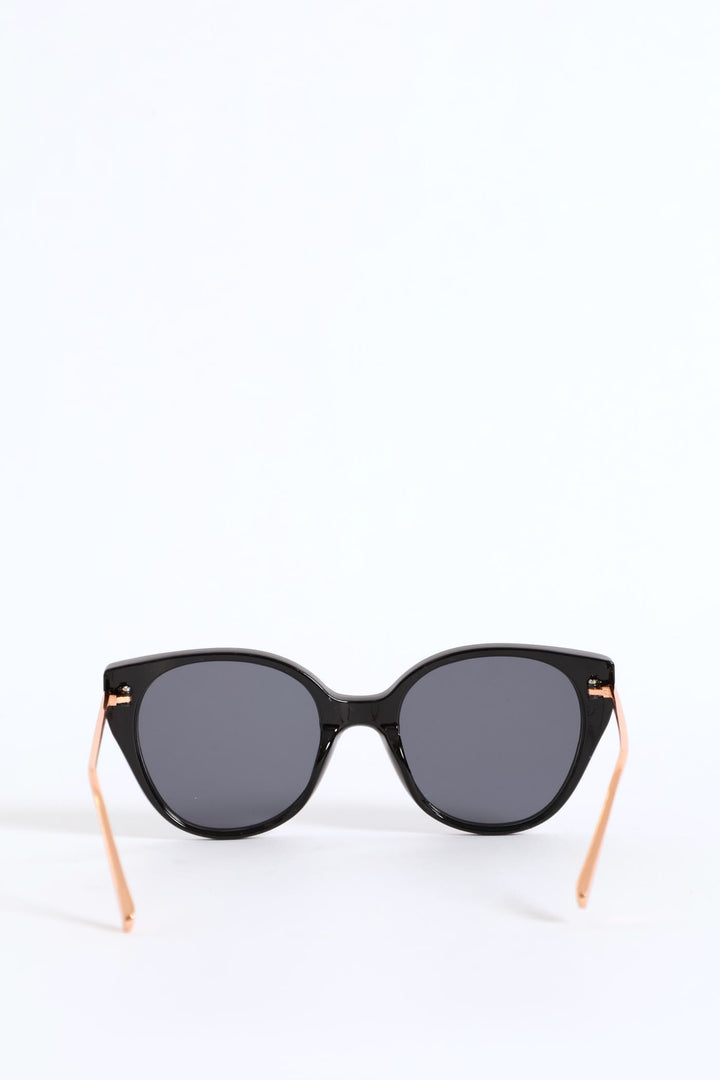 Smoke Lense Rounded Cateye Temple Sunglasses - Black