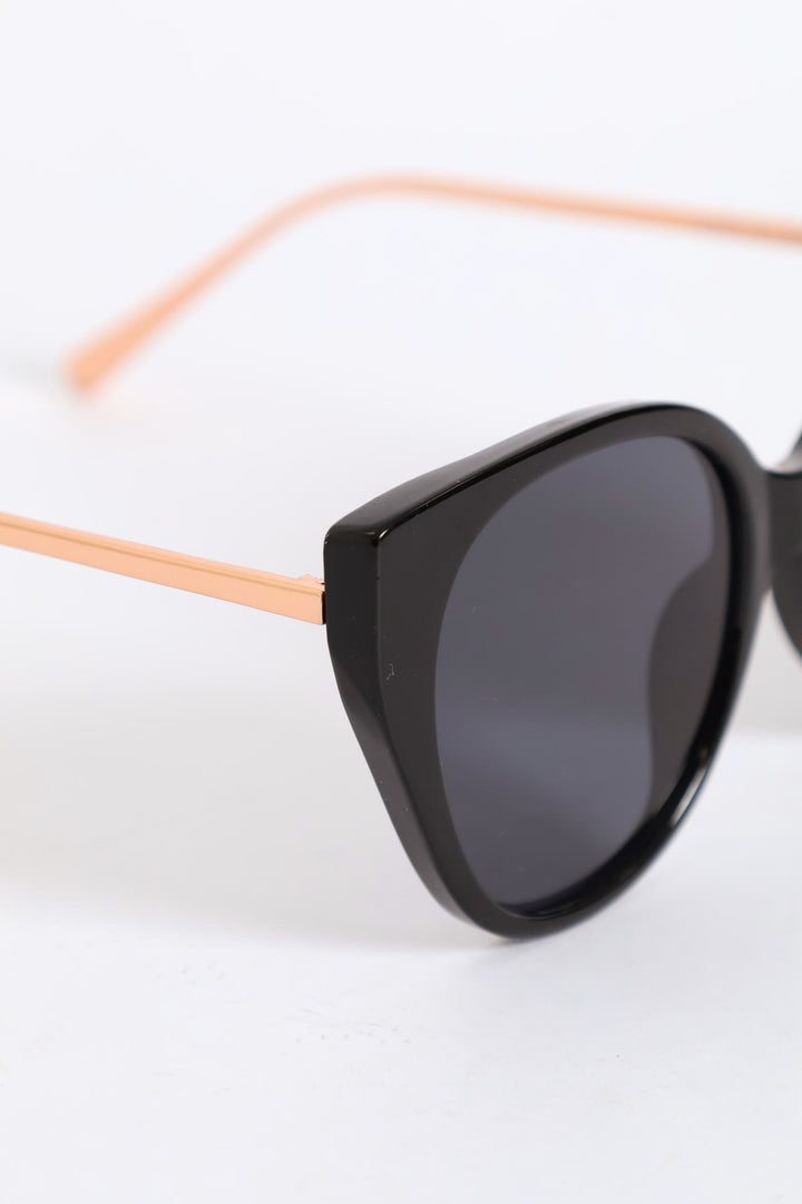 Smoke Lense Rounded Cateye Temple Sunglasses - Black