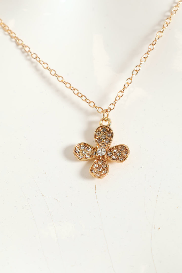 Diamante Floral Studs & Necklace Set - Gold
