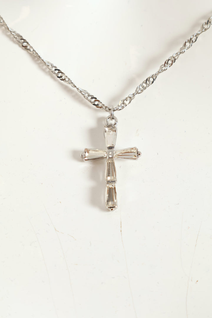 Diamante Pendant Cross Necklace - Silver