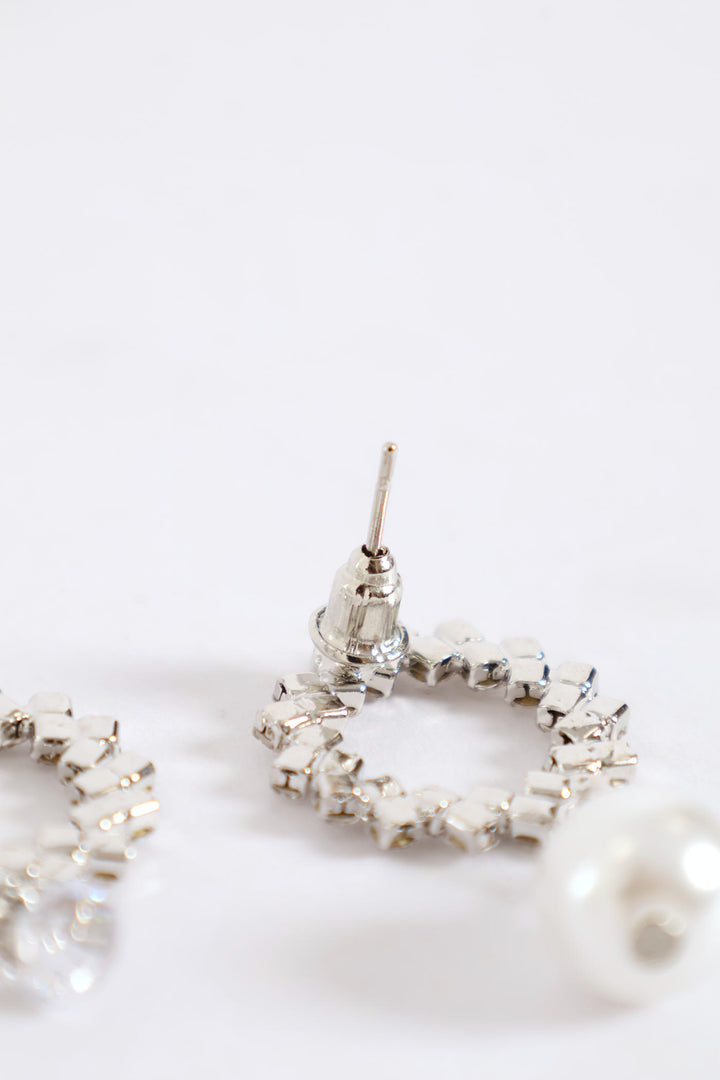 Round Diamante Pearl Bead Drop Earrings - Silver