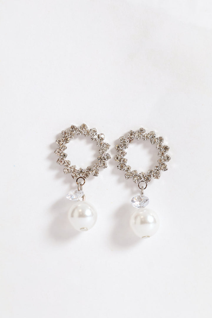 Round Diamante Pearl Bead Drop Earrings - Silver