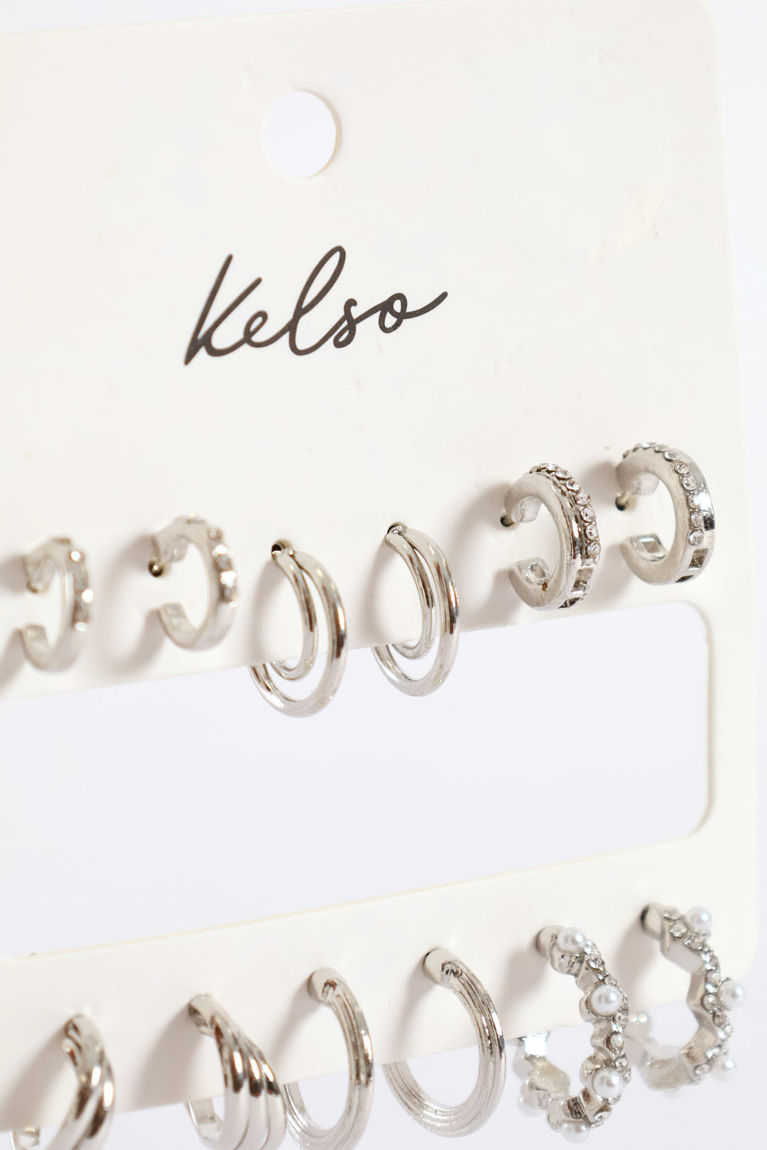 6 Pack Pearl Diamante Small Hoop Earring - Silver