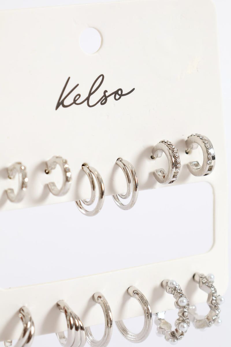 6 Pack Pearl Diamante Small Hoop Earring - Silver