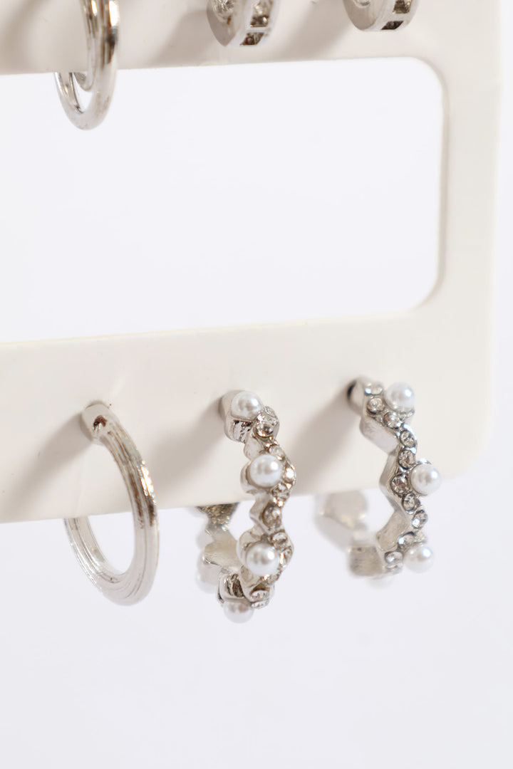6 Pack Pearl Diamante Small Hoop Earring - Silver