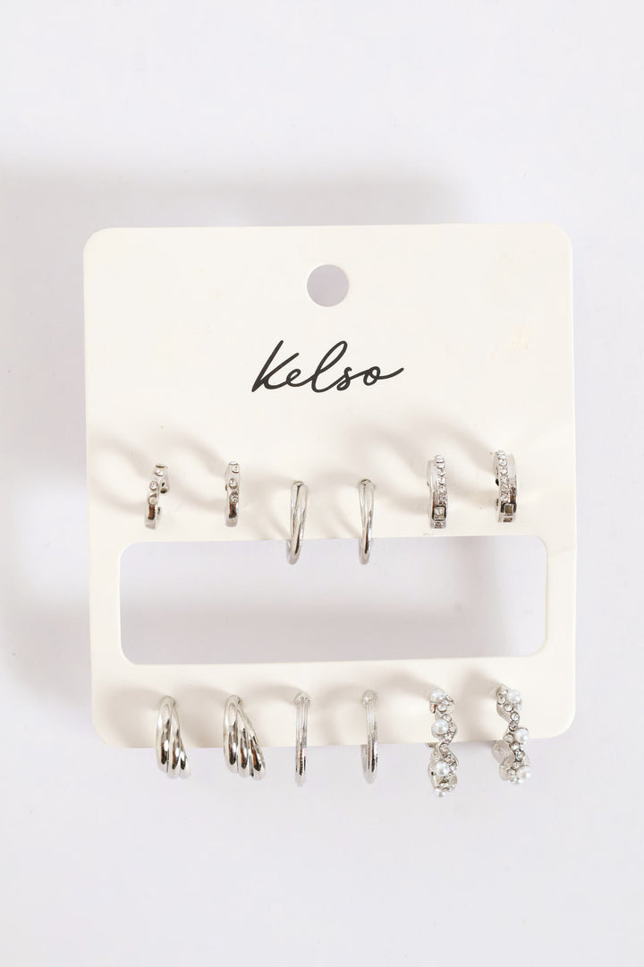 6 Pack Pearl Diamante Small Hoop Earring - Silver