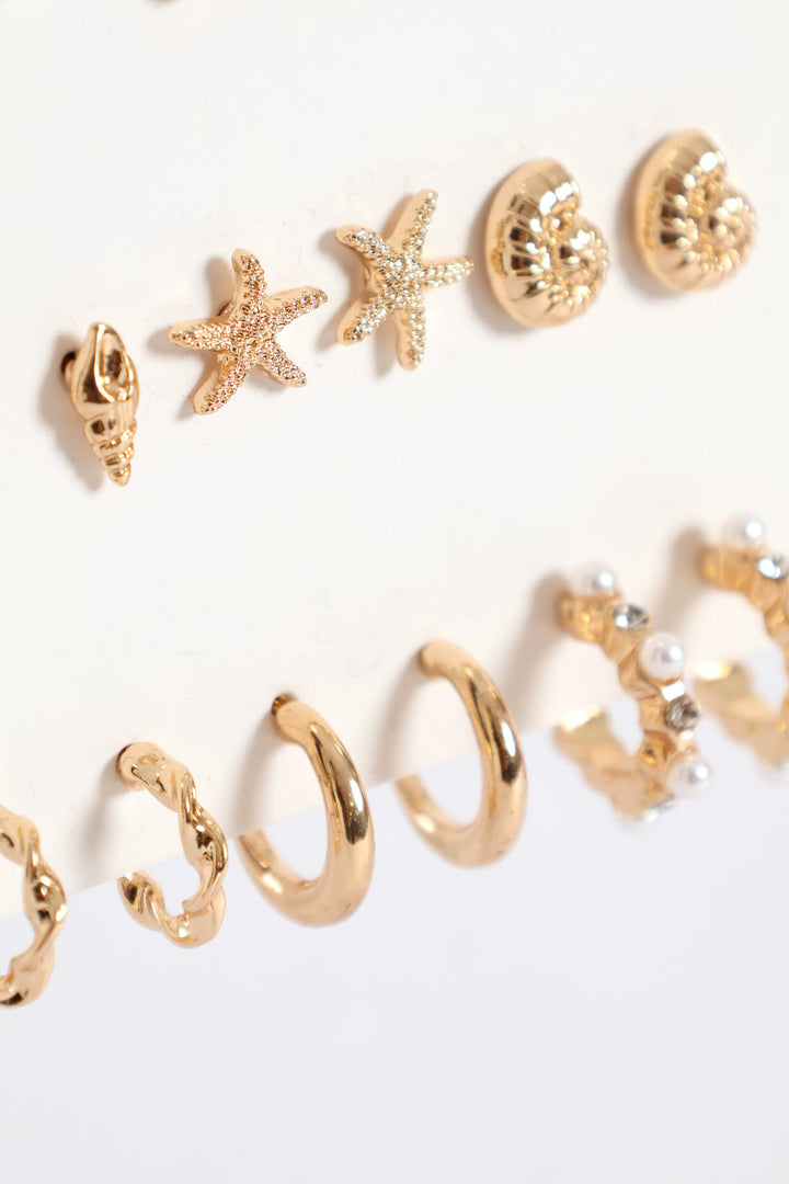 9 Pack Shell Studs & Hoop Earrings - Gold