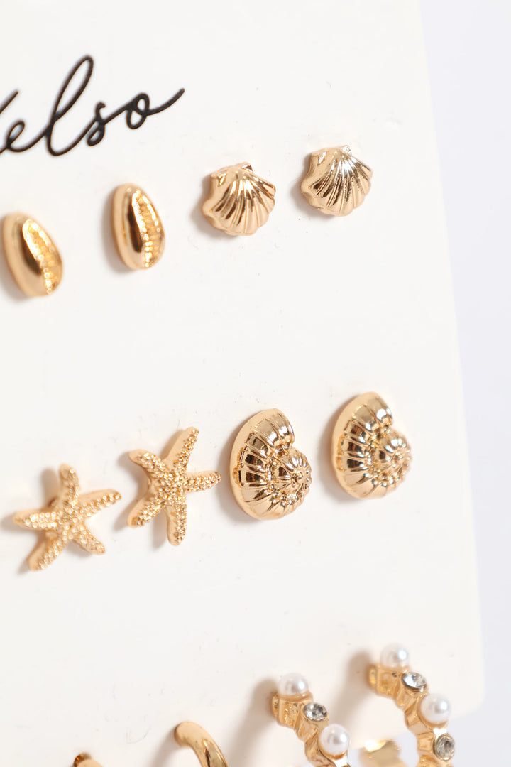 9 Pack Shell Studs & Hoop Earrings - Gold