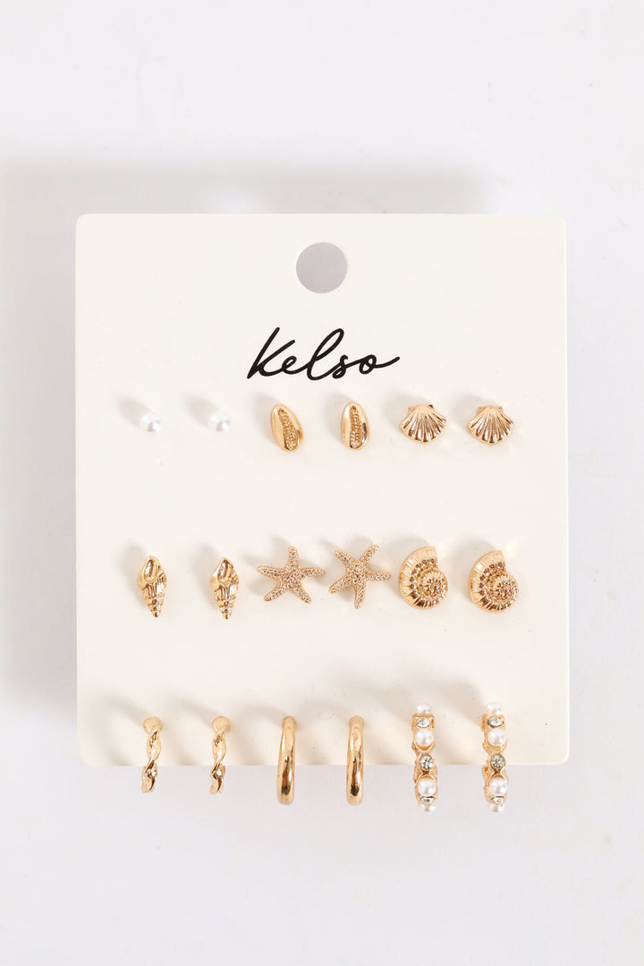 9 Pack Shell Studs & Hoop Earrings - Gold