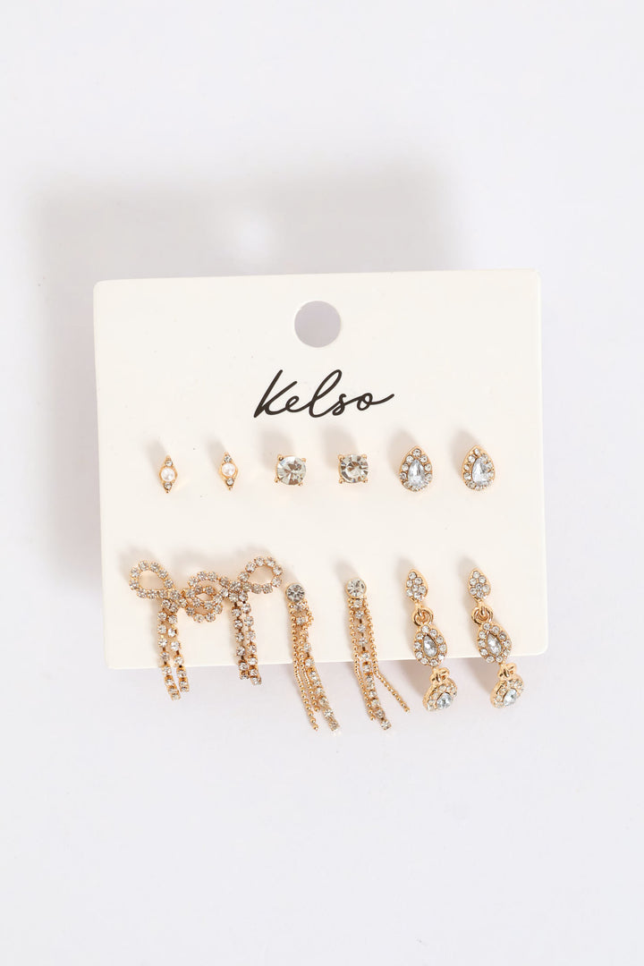 6 Pack Diamante Bow Drop Earring - Gold