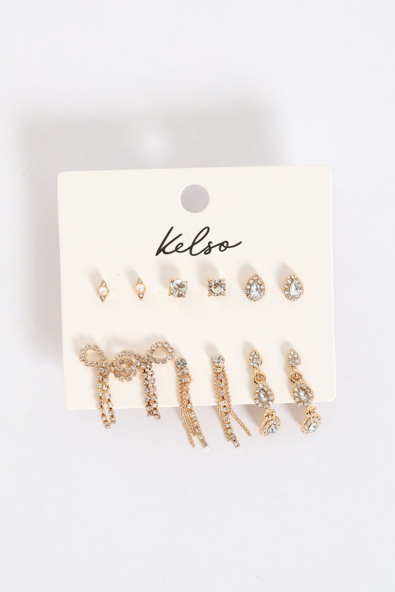 6 Pack Diamante Bow Drop Earring - Gold