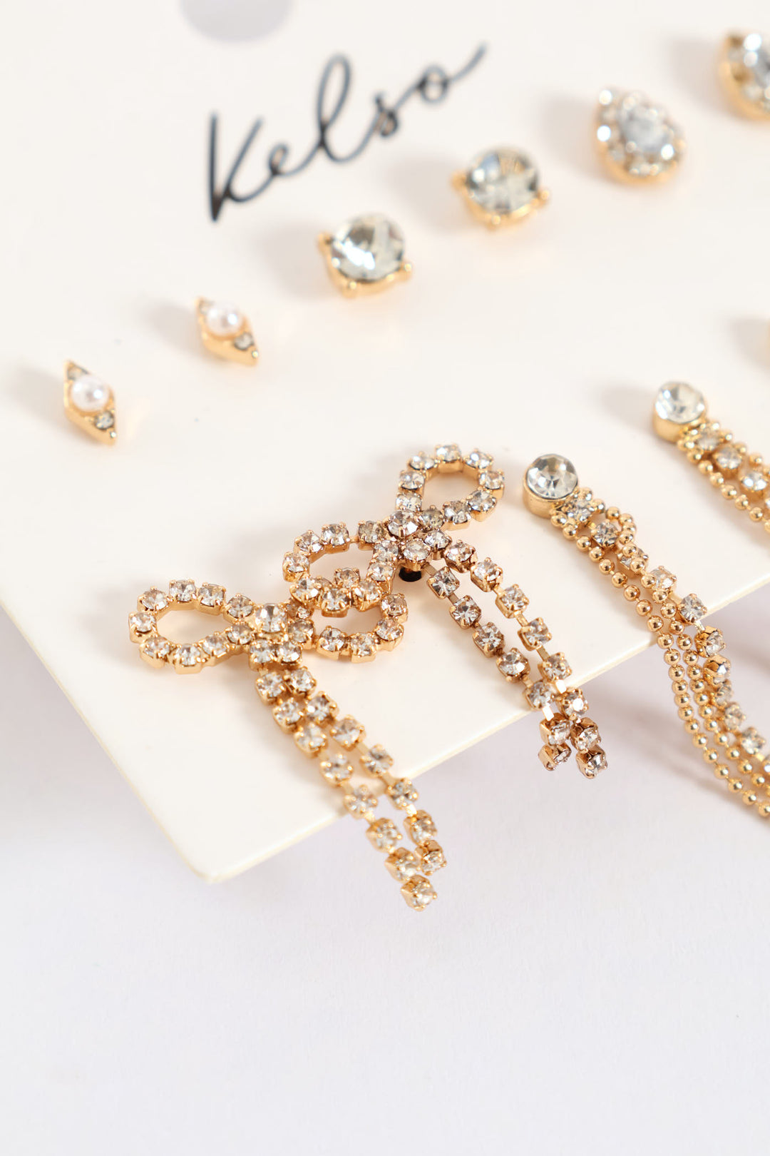 6 Pack Diamante Bow Drop Earring - Gold