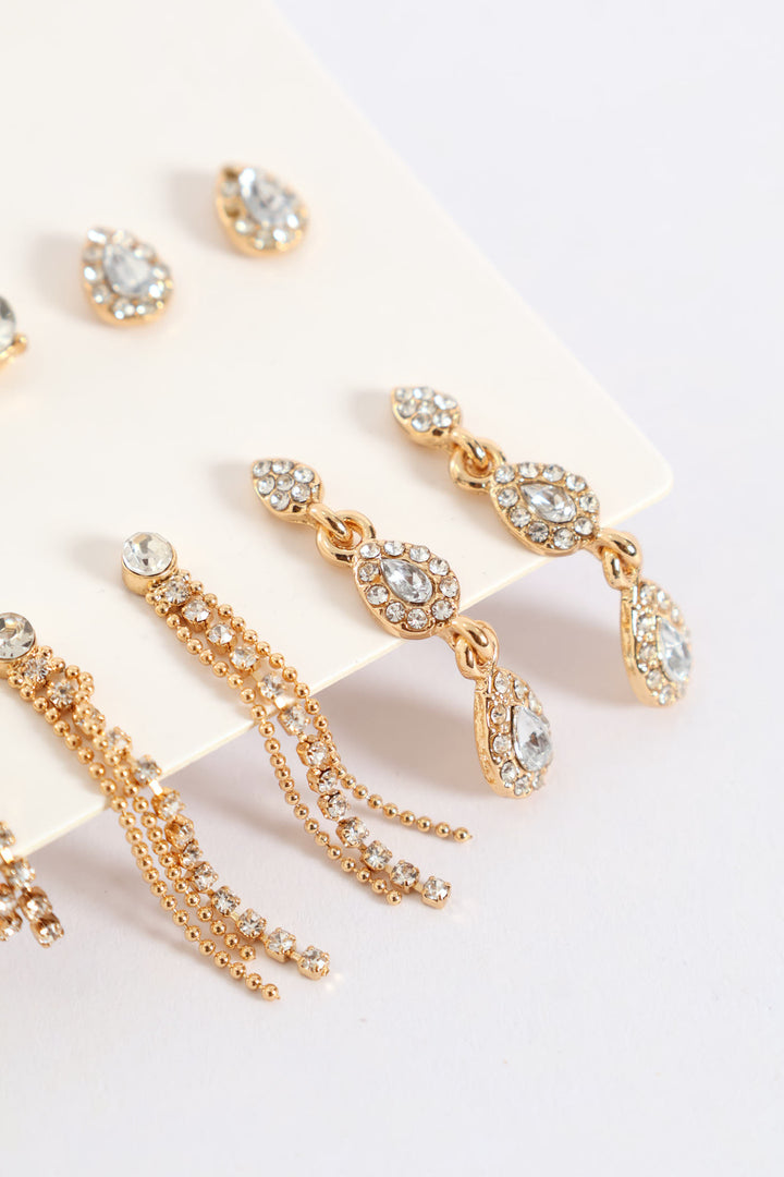 6 Pack Diamante Bow Drop Earring - Gold