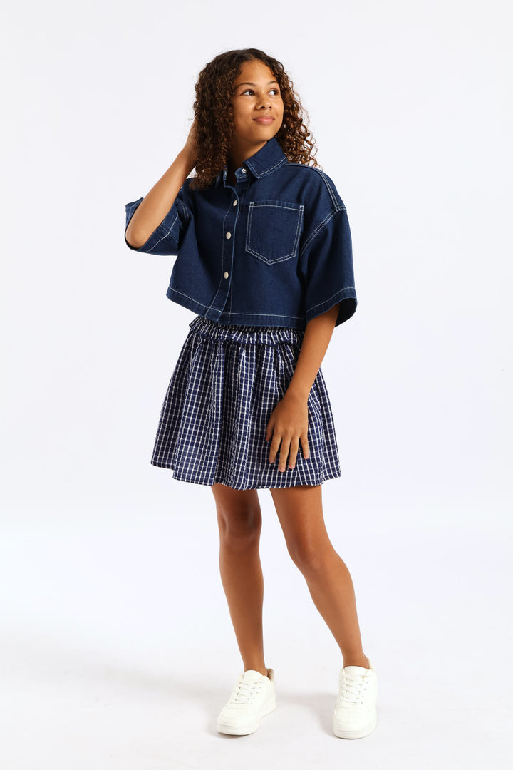 Girls Rigid Denim Crop Shacket - Blue