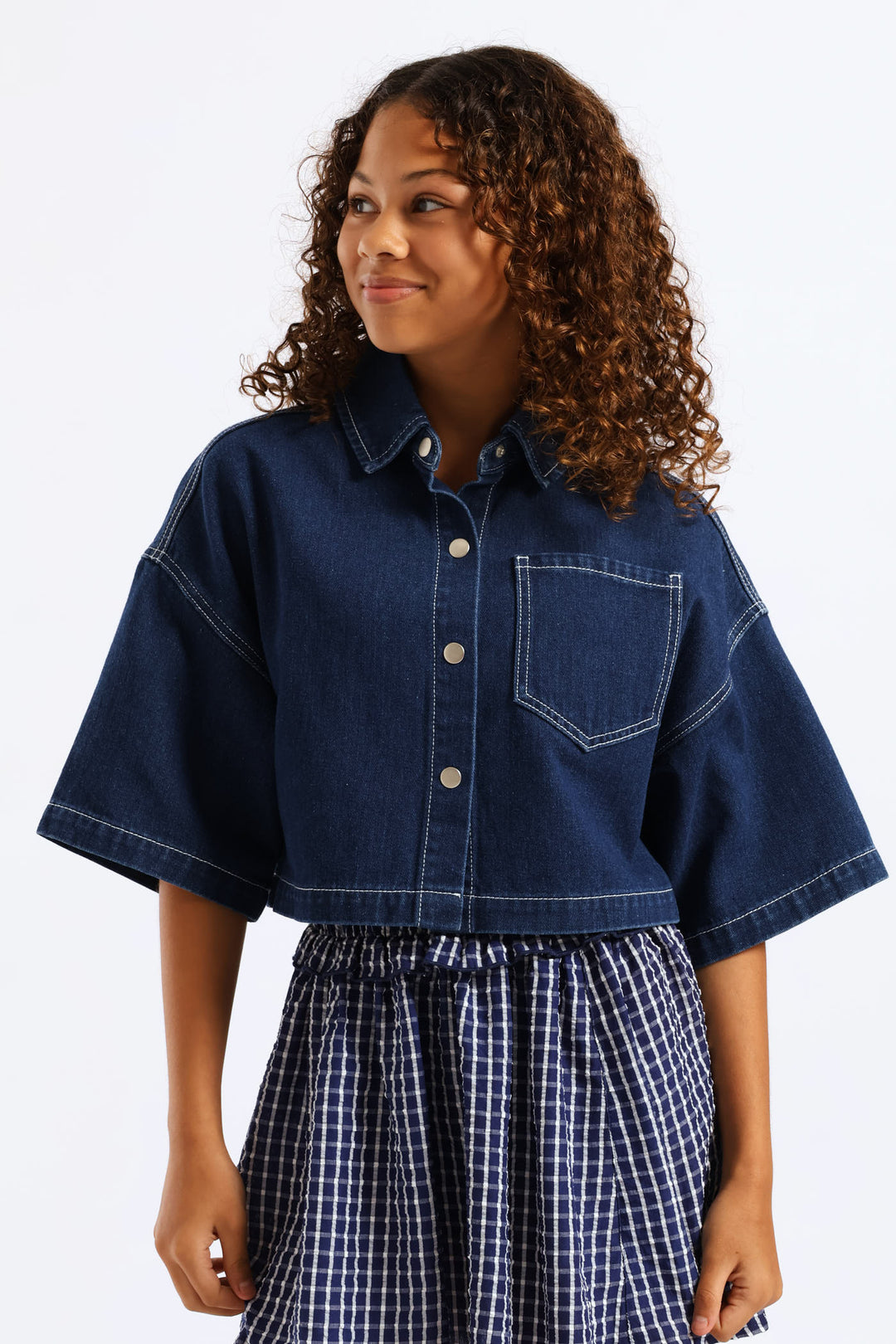 Girls Rigid Denim Crop Shacket - Blue