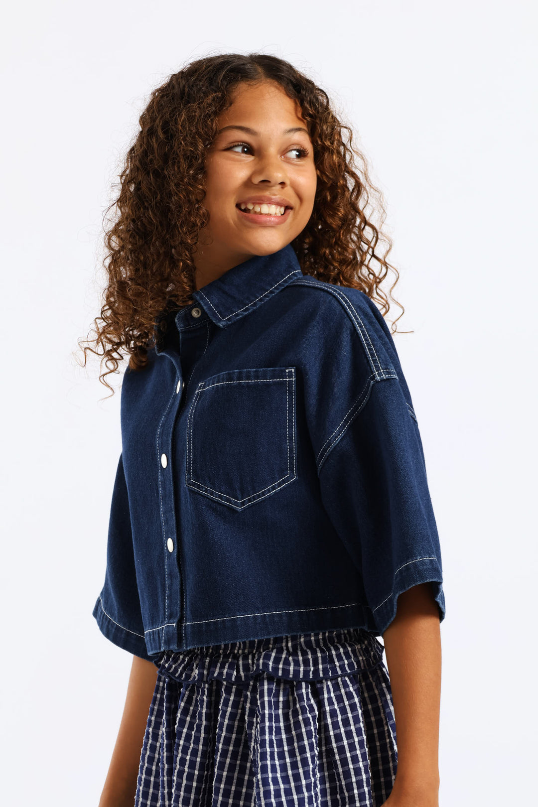Girls Rigid Denim Crop Shacket - Blue