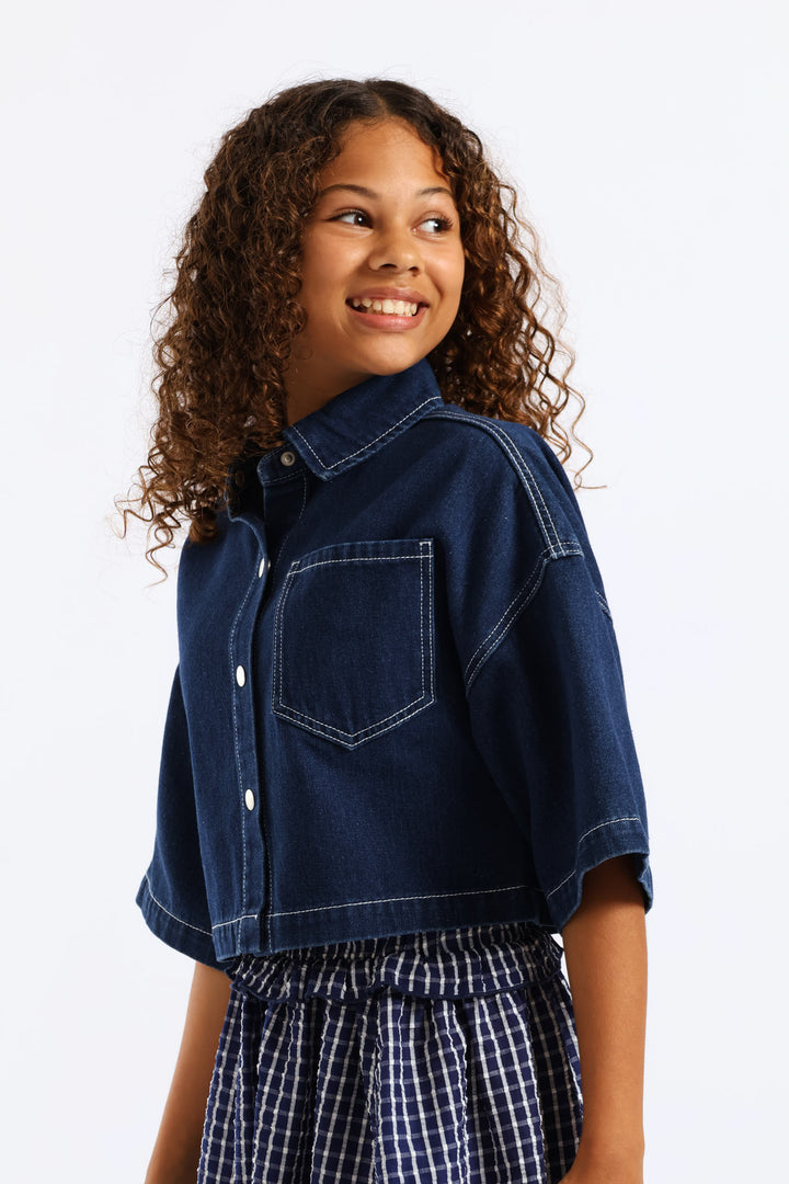 Girls Rigid Denim Crop Shacket - Blue