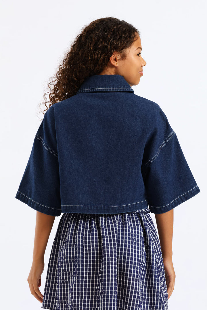 Girls Rigid Denim Crop Shacket - Blue