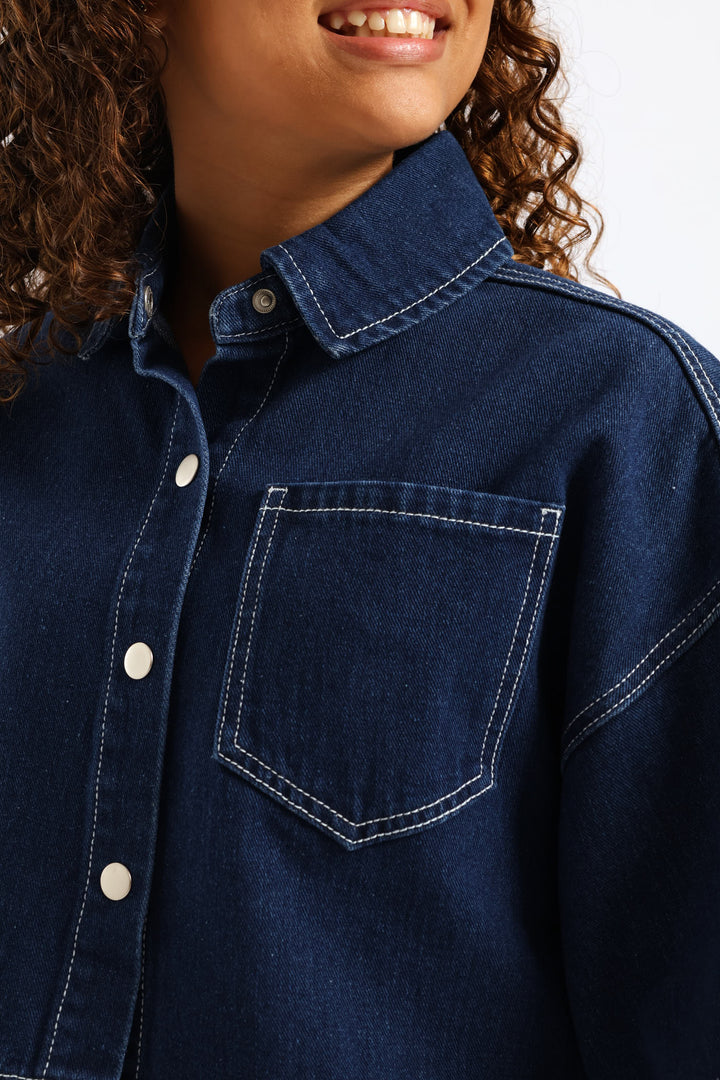 Girls Rigid Denim Crop Shacket - Blue