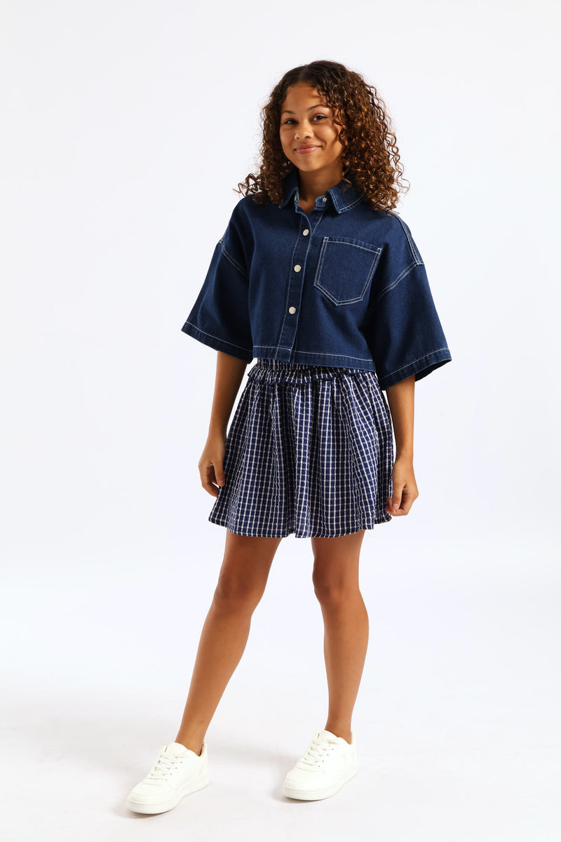 Girls Pull On Frill Waist Detail Flare Skirt - Navy