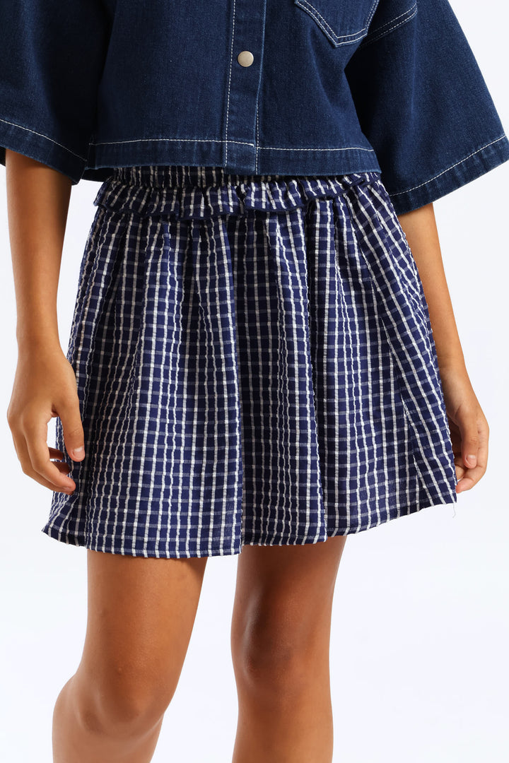 Girls Pull On Frill Waist Detail Flare Skirt - Navy
