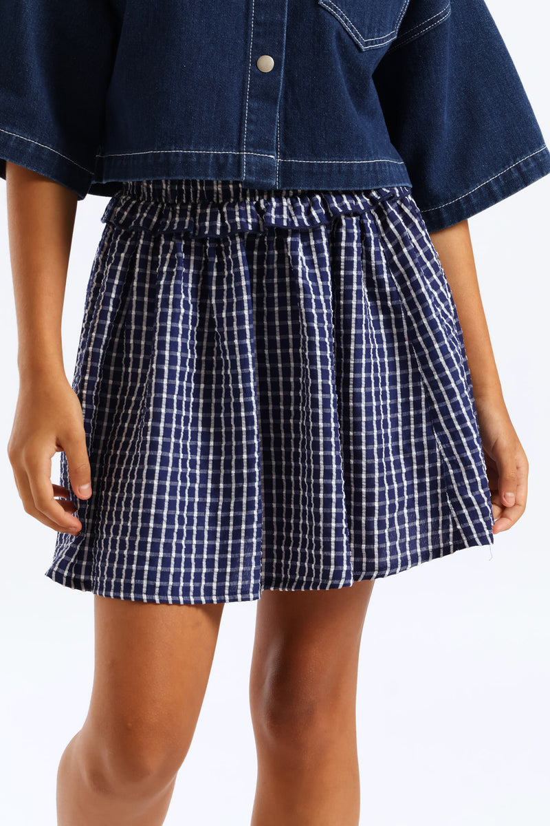 Girls Pull On Frill Waist Detail Flare Skirt - Navy