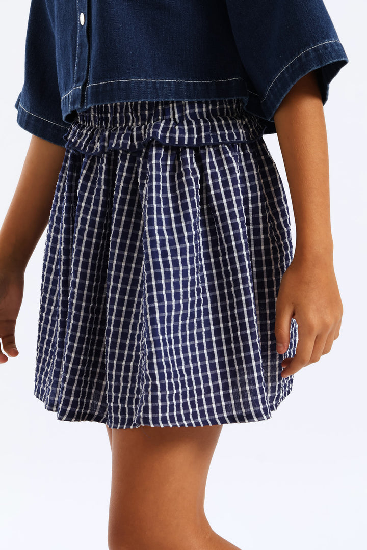 Girls Pull On Frill Waist Detail Flare Skirt - Navy