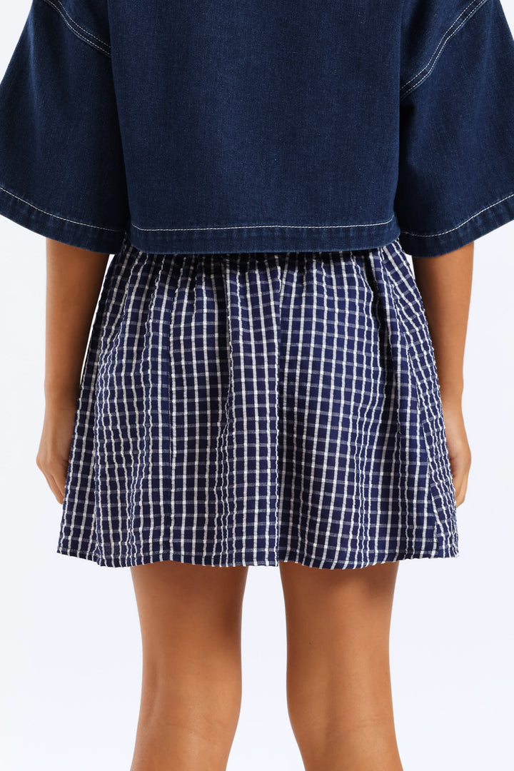 Girls Pull On Frill Waist Detail Flare Skirt - Navy