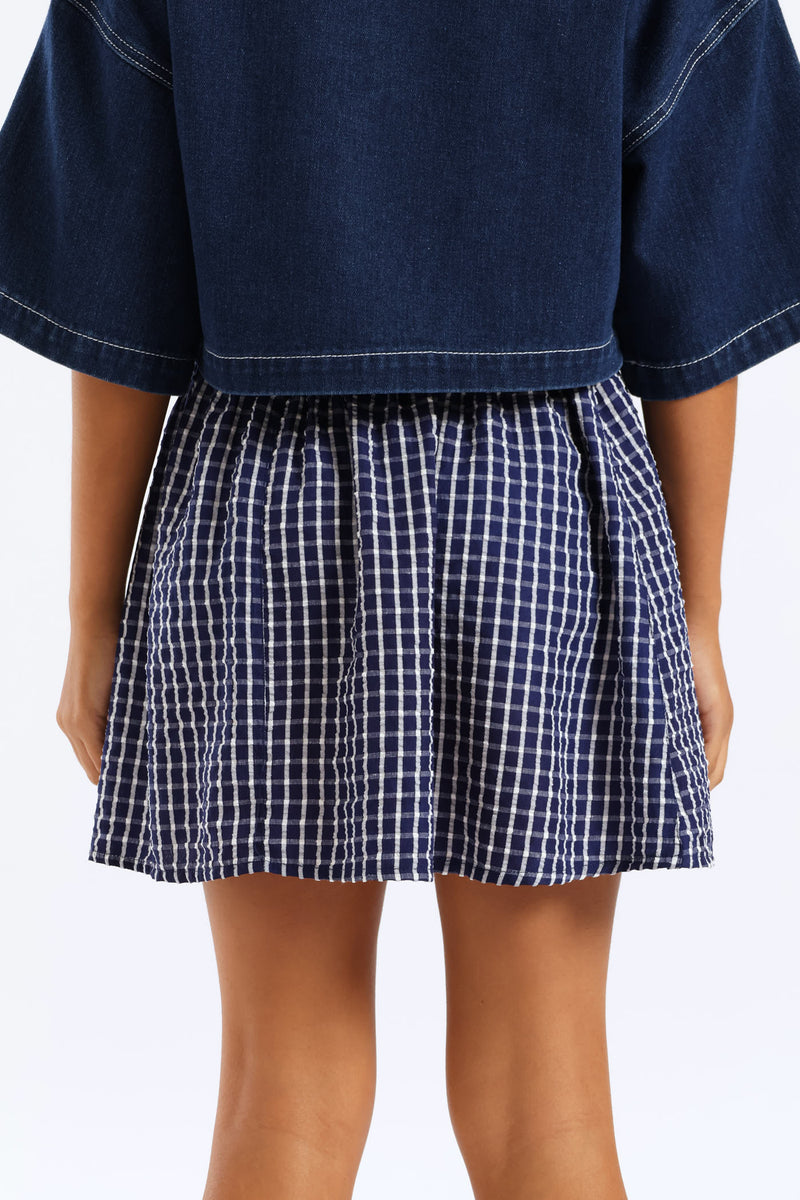 Girls Pull On Frill Waist Detail Flare Skirt - Navy