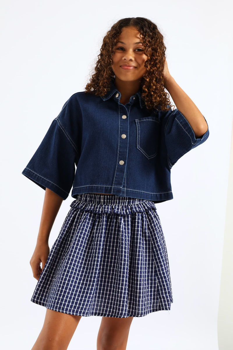 Girls Pull On Frill Waist Detail Flare Skirt - Navy