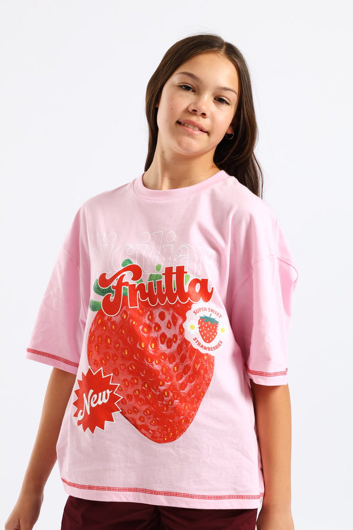 Girls Sicilian Strawberry Oversized Tee - Pink