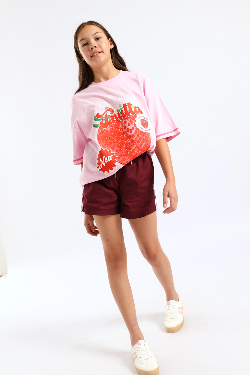 Girls Stripe Athletic Short - Maroon