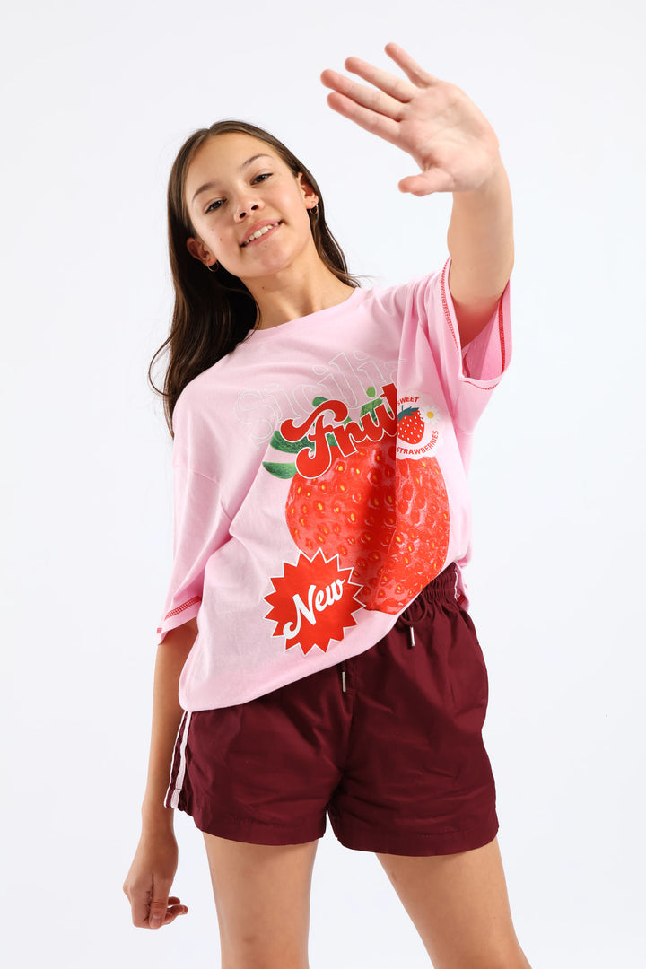 Girls Sicilian Strawberry Oversized Tee - Pink