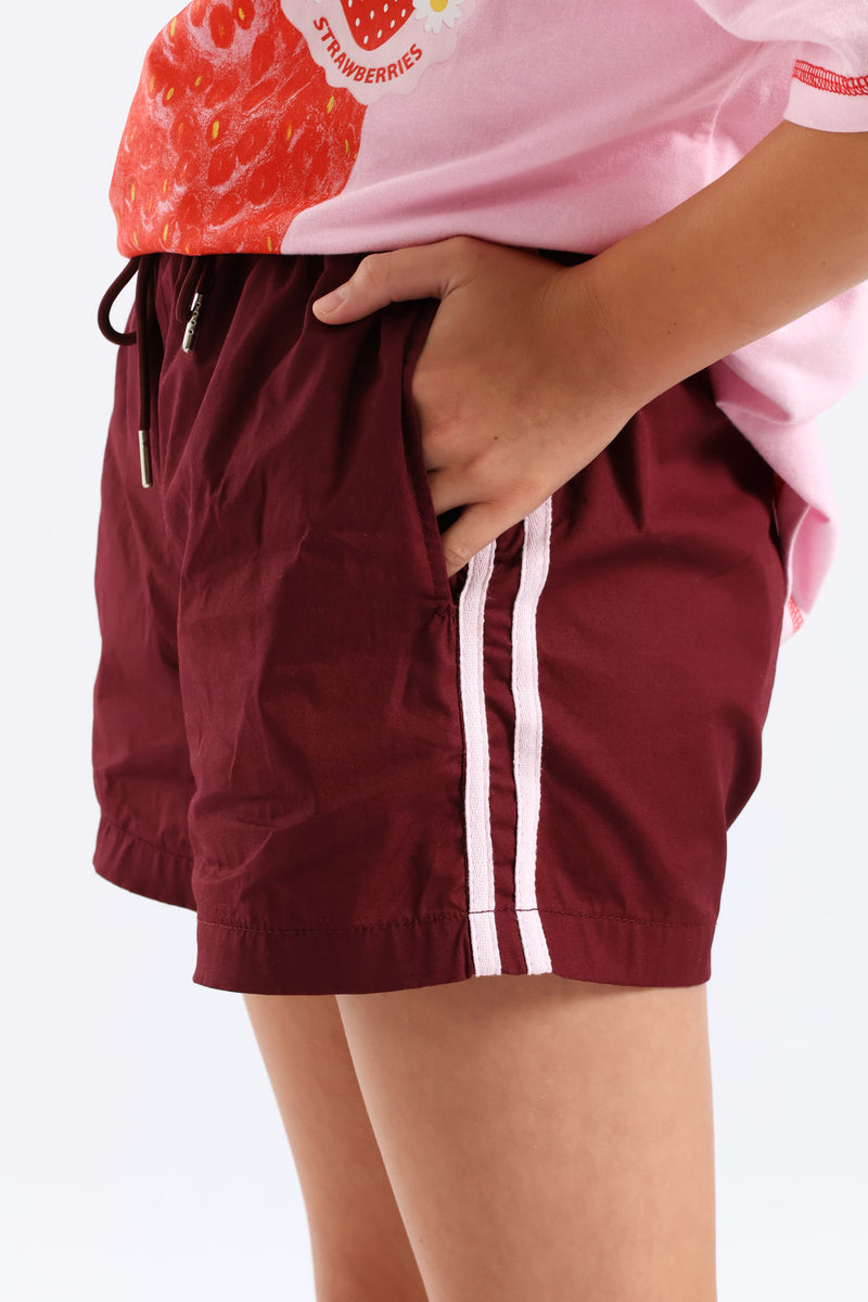 Girls Stripe Athletic Short - Maroon