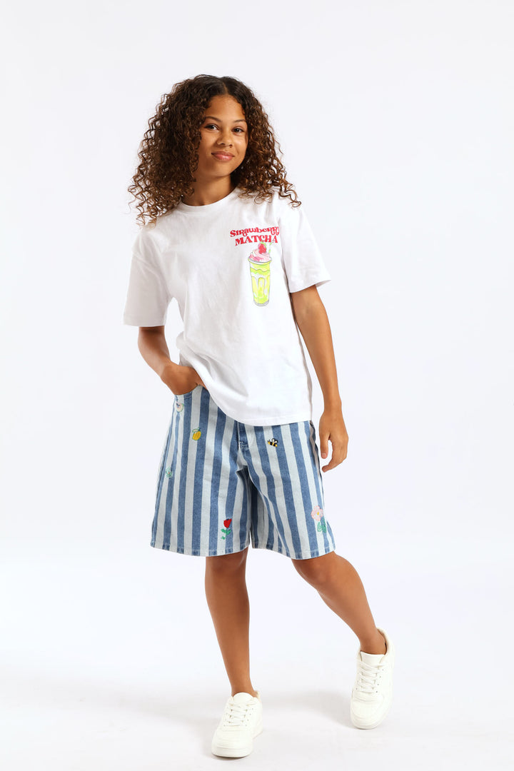 Girls Tooty Fruity Embroidered Stripe Shorts - Multi