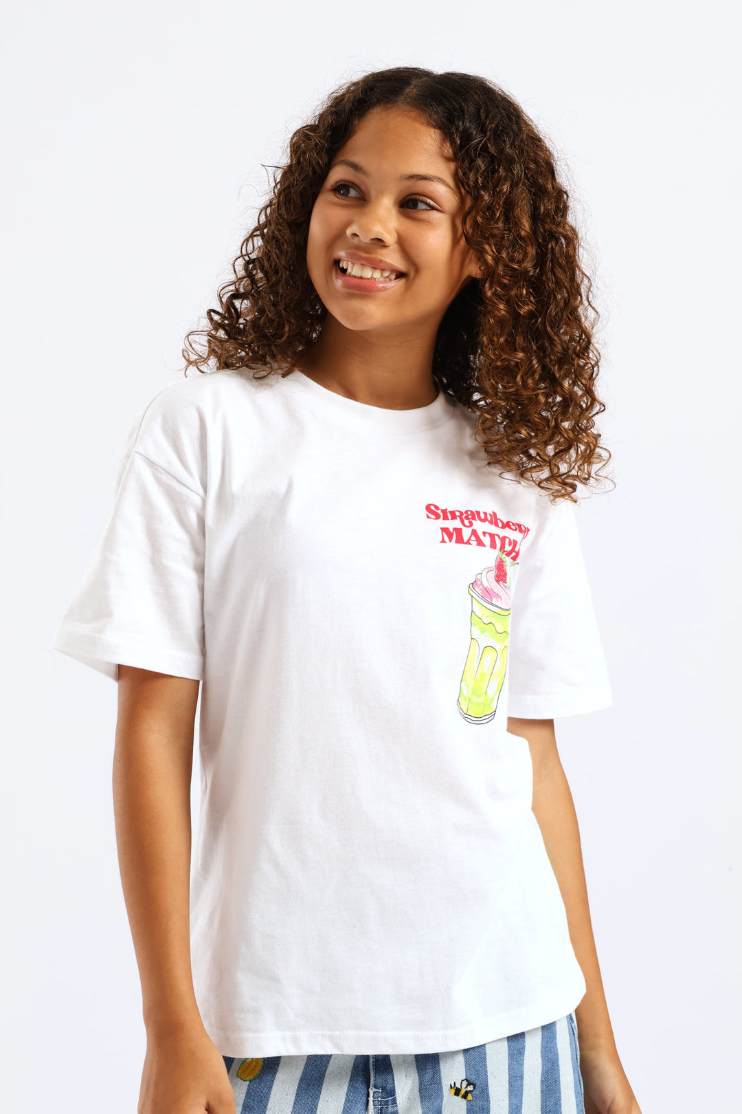 Girls Strawberry Matcha Oversized Tee - White