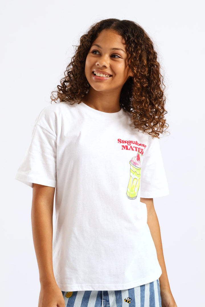Girls Strawberry Matcha Oversized Tee - White