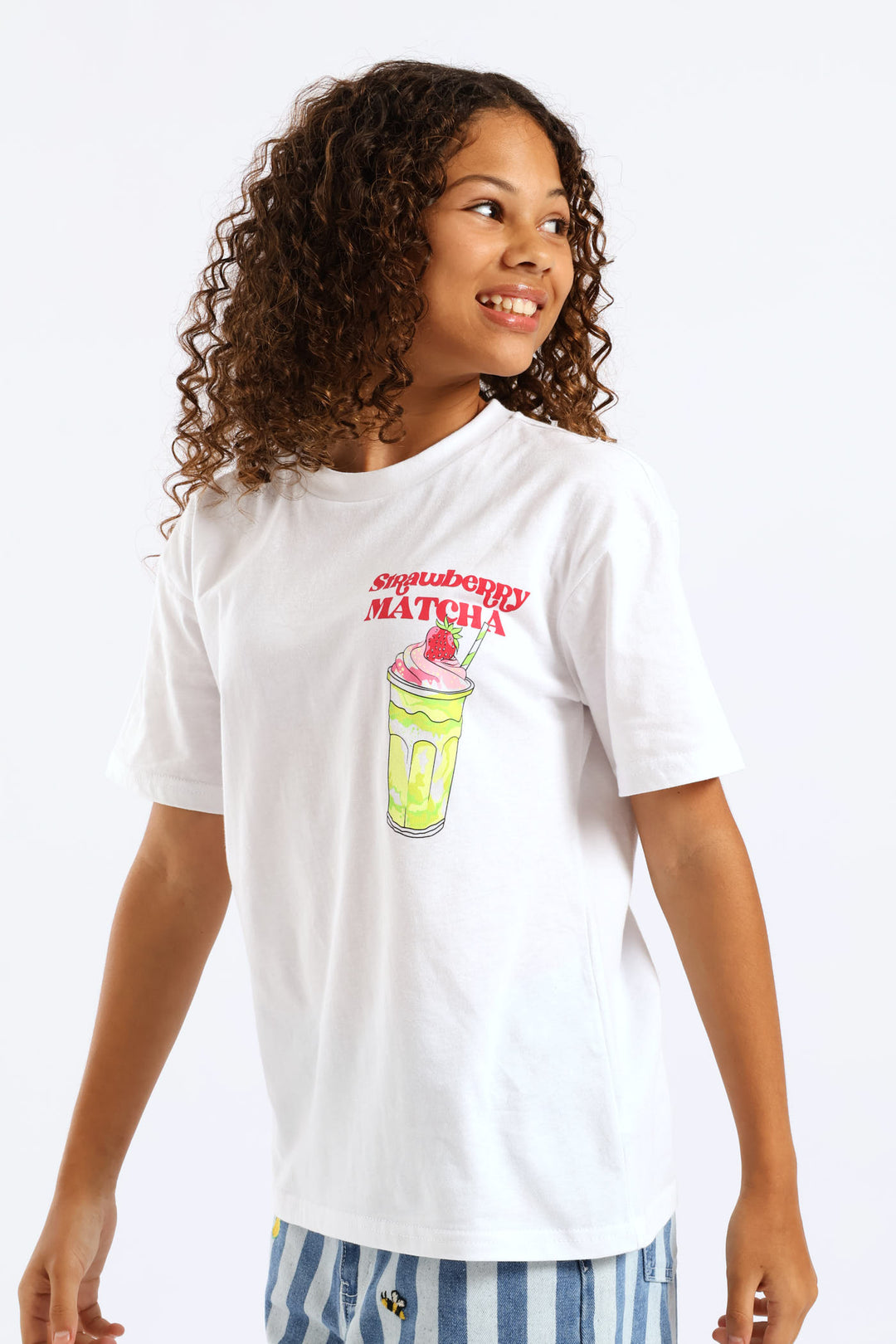 Girls Strawberry Matcha Oversized Tee - White